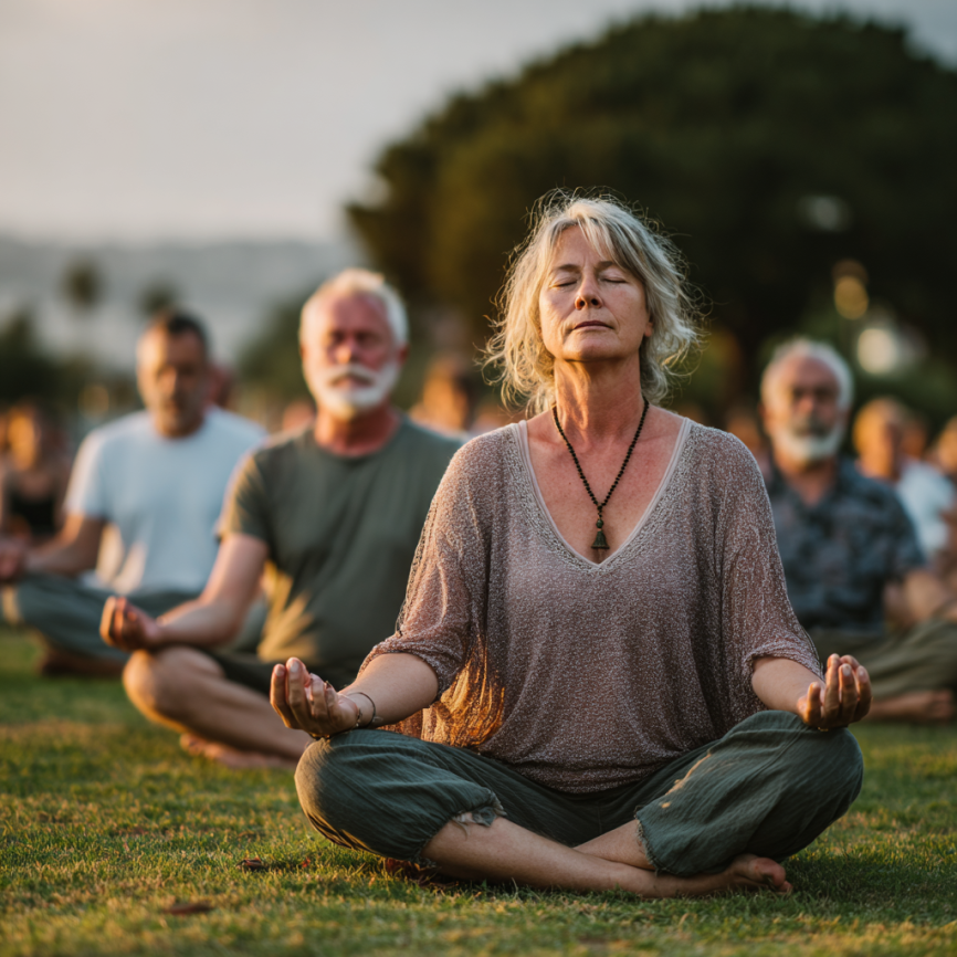 Літня жінка займається йогою