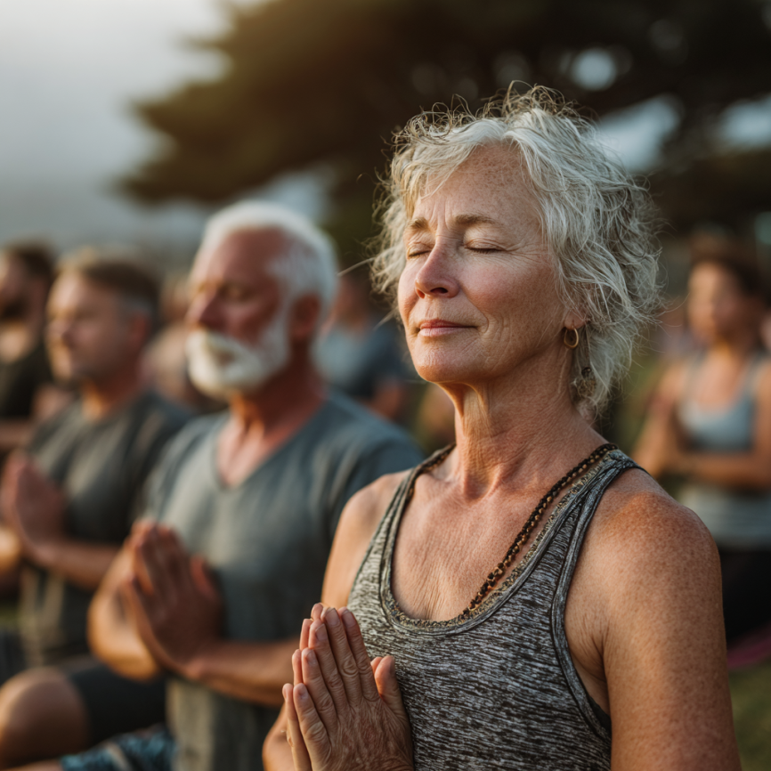 Літній чоловік у позі йоги